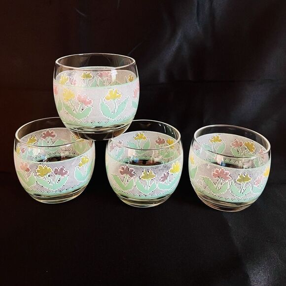 Vintage Culver Pastel Tulip Iris Roly Poly Rocks Glasses Set of 4 Floral Flower - Picture 1 of 9